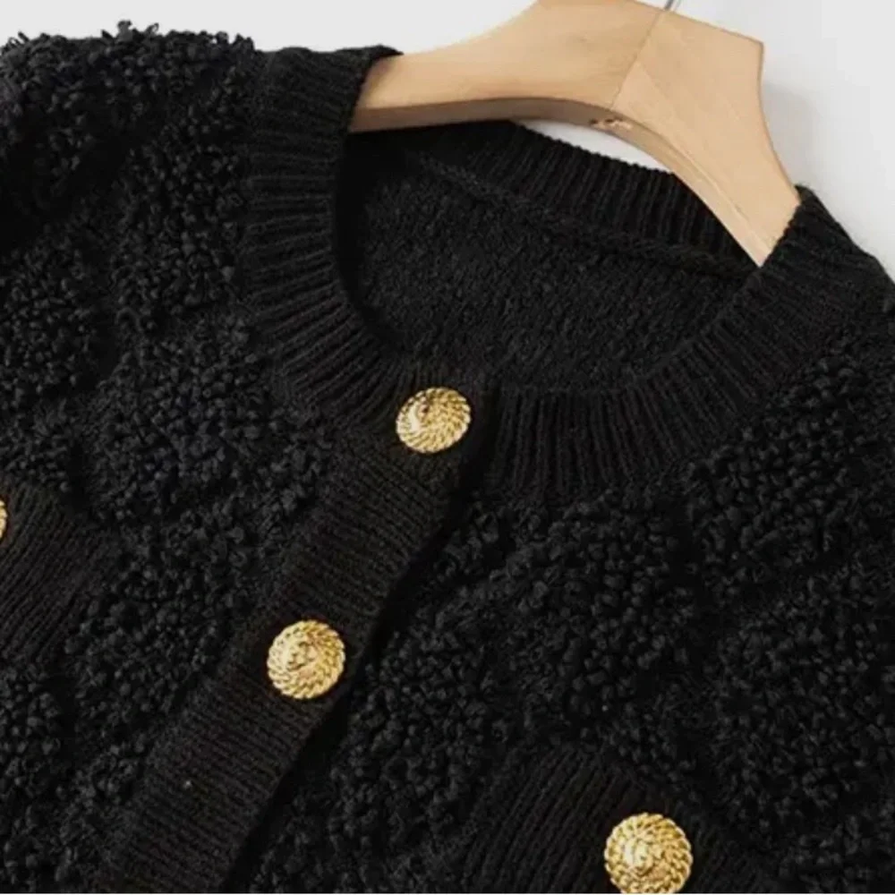 SWEATERS- Black Boucle Cardigan Sweater With Gold Buttons - Picture 4 of 8
